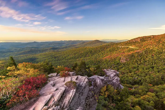 Scenic mountain view with lush greenery, scenic landscapes, and vibrant fall foliage at The Restoration Hotel Collection.